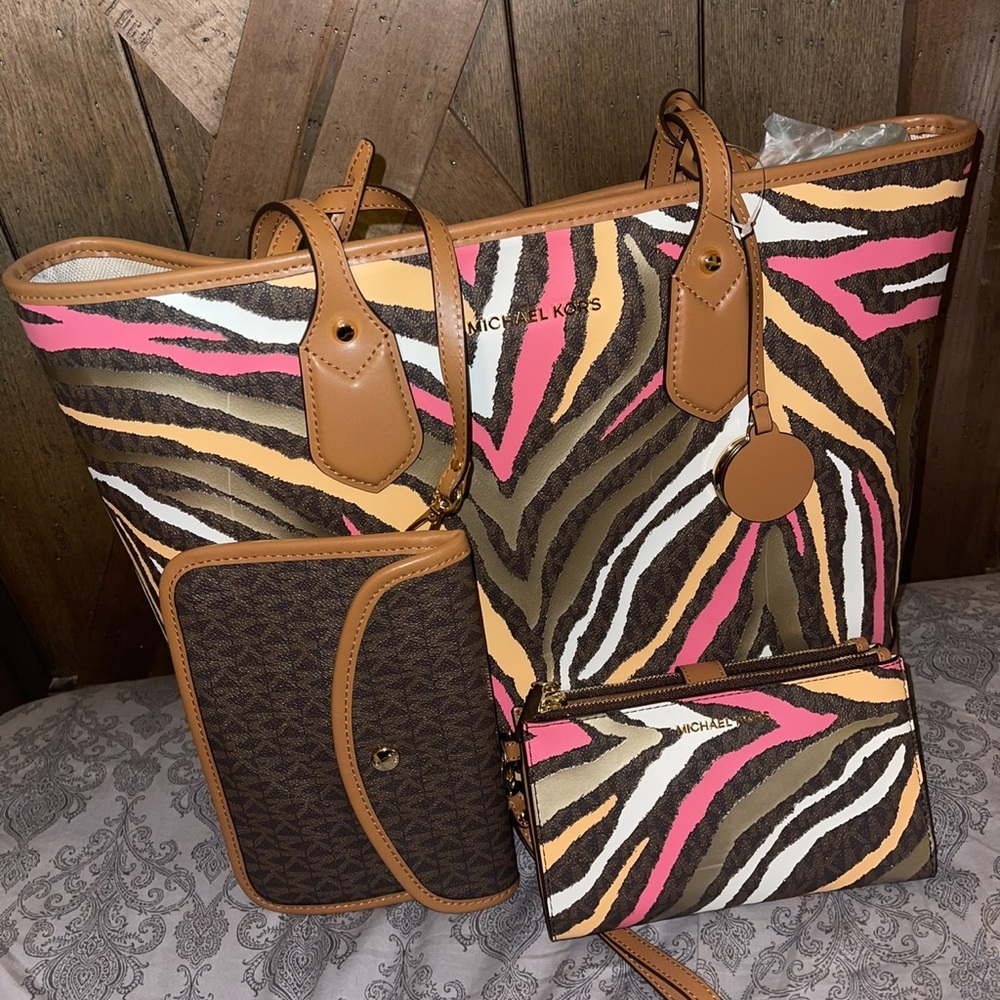 Michael Kors Pink and Brown Zebra Print Tote with matching Wristlet Wallet
